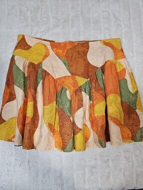NOEL Linen Blend Retro Abstract Mini Skirt Womens 10 Orange Brown A-Line